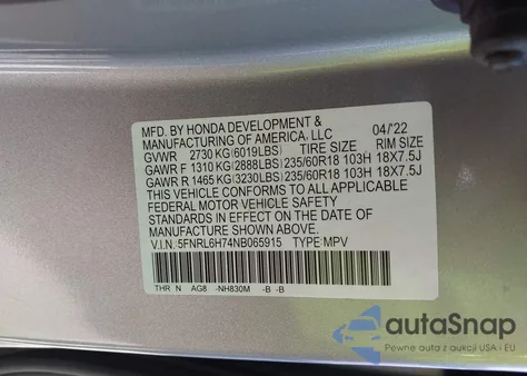 2022 Honda Odyssey Ex-L из США, поврежденный, VIN 5FNRL6H74NB065915